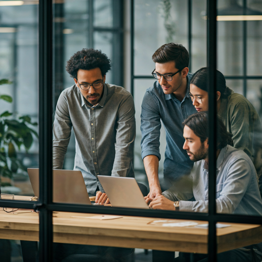 Group of diverse developers collaborating around a laptop in a modern office with glass walls